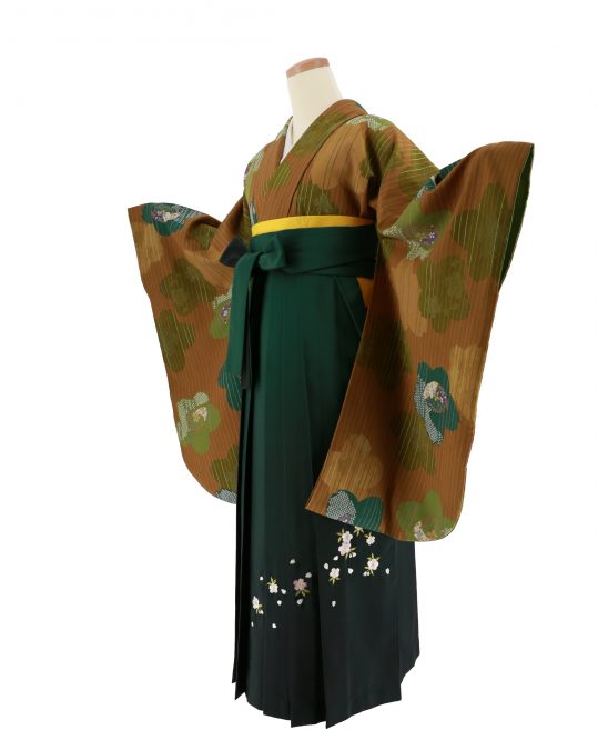卒業式袴レンタルNo.486[レトロ]茶×黄土色ストライプ・抹茶青緑桜